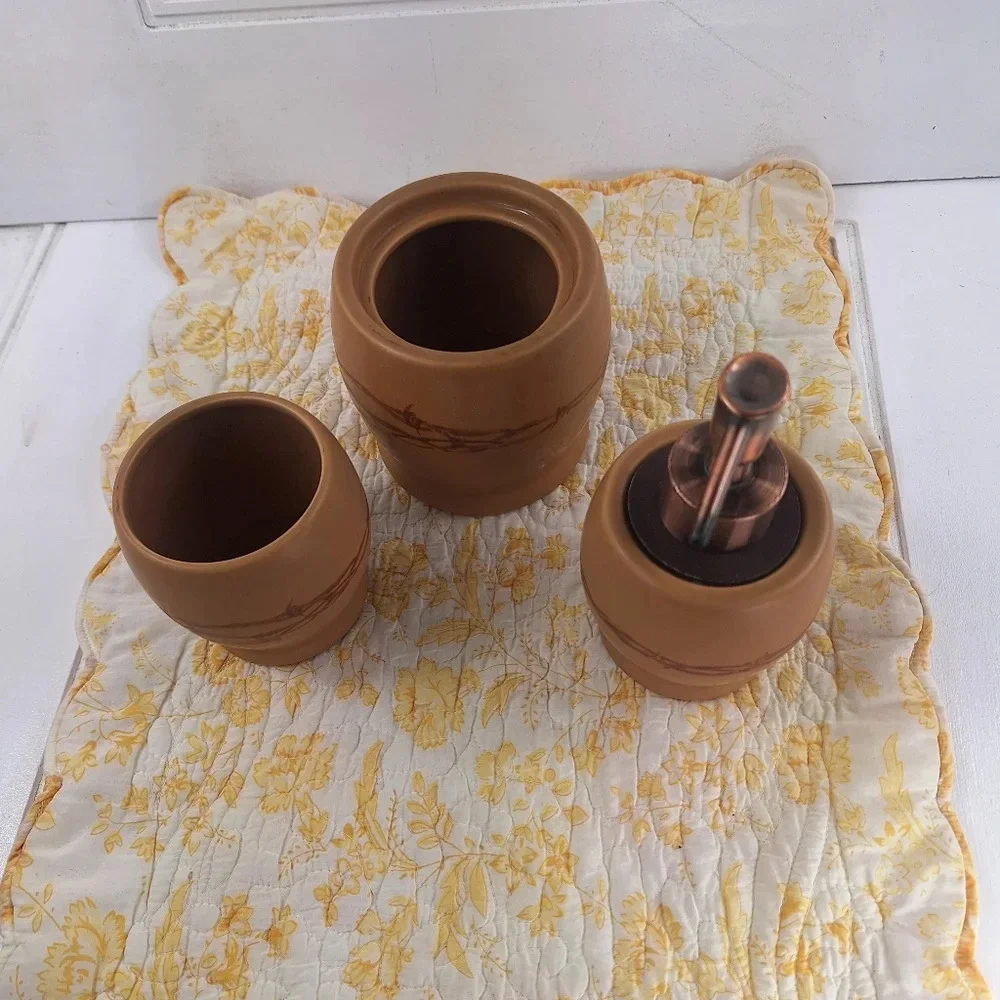 Country Living Barbwire Bath Set Rinse Cup Cotton/QTip Container Soap Pump Brown